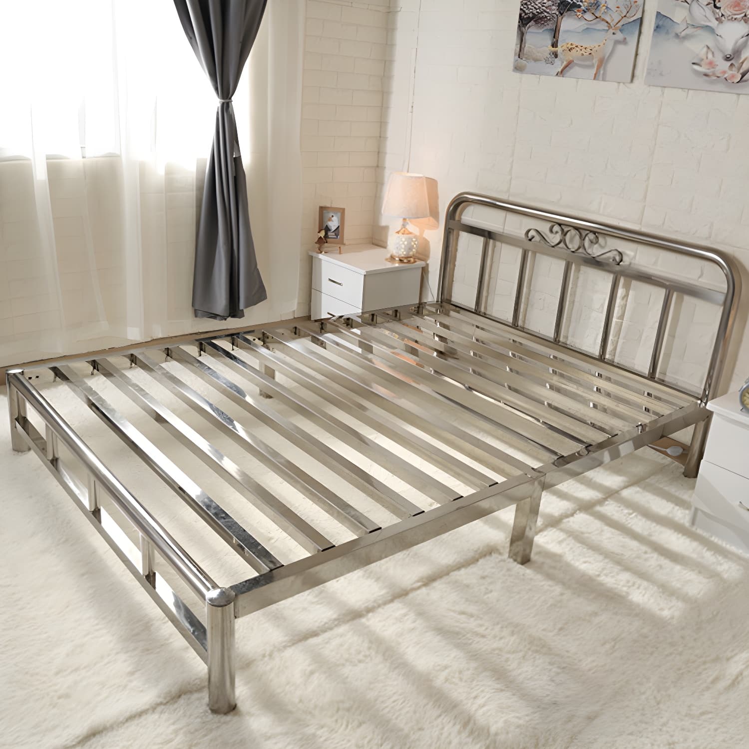 Silver Modern Steel Bed Rectangular Minimalist Bed with Metal Legs thumbnail 10