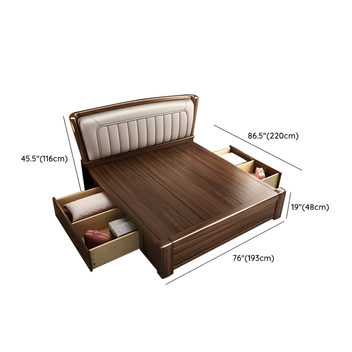Traditional Walnut Wood Brown Bed with Rectangular Upholstered Headboard for Bedroom thumbnail 17