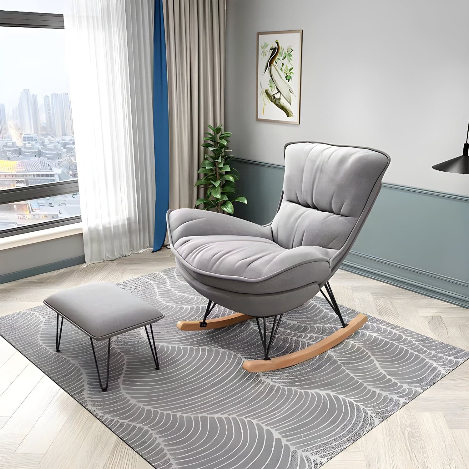 Glam Rocking Accent Chair Upholstered Antique Finish Rocking Chair with Ottoman thumbnail 5