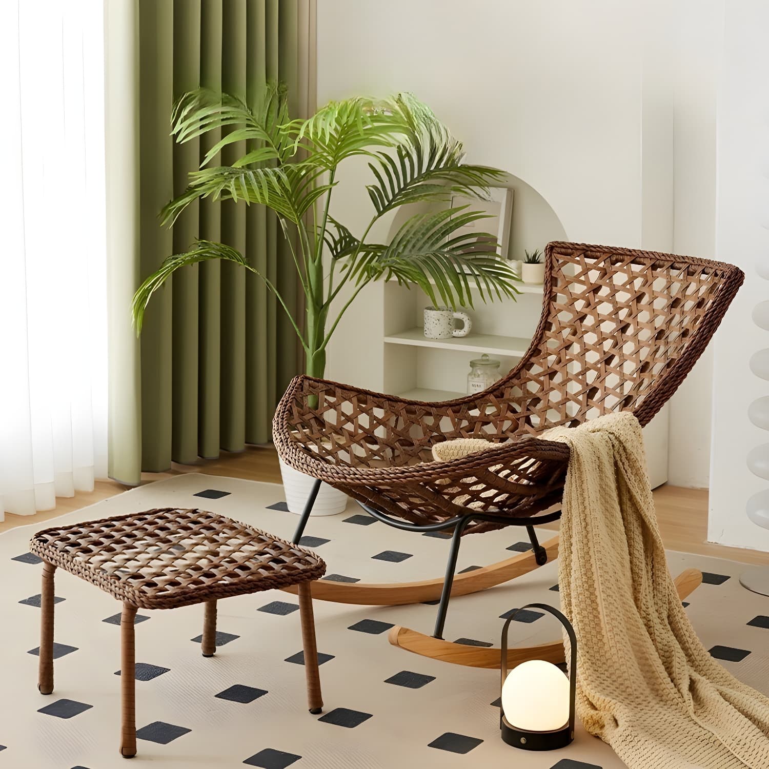 Traditional Armless Design Indoor Rocking Chair with rattan Frame and Nature Wood Legs thumbnail 20
