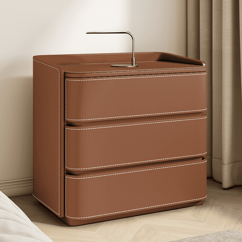 Contemporary 3 Tiers Genuine Leather Drawer Storage Bedside Table thumbnail 5