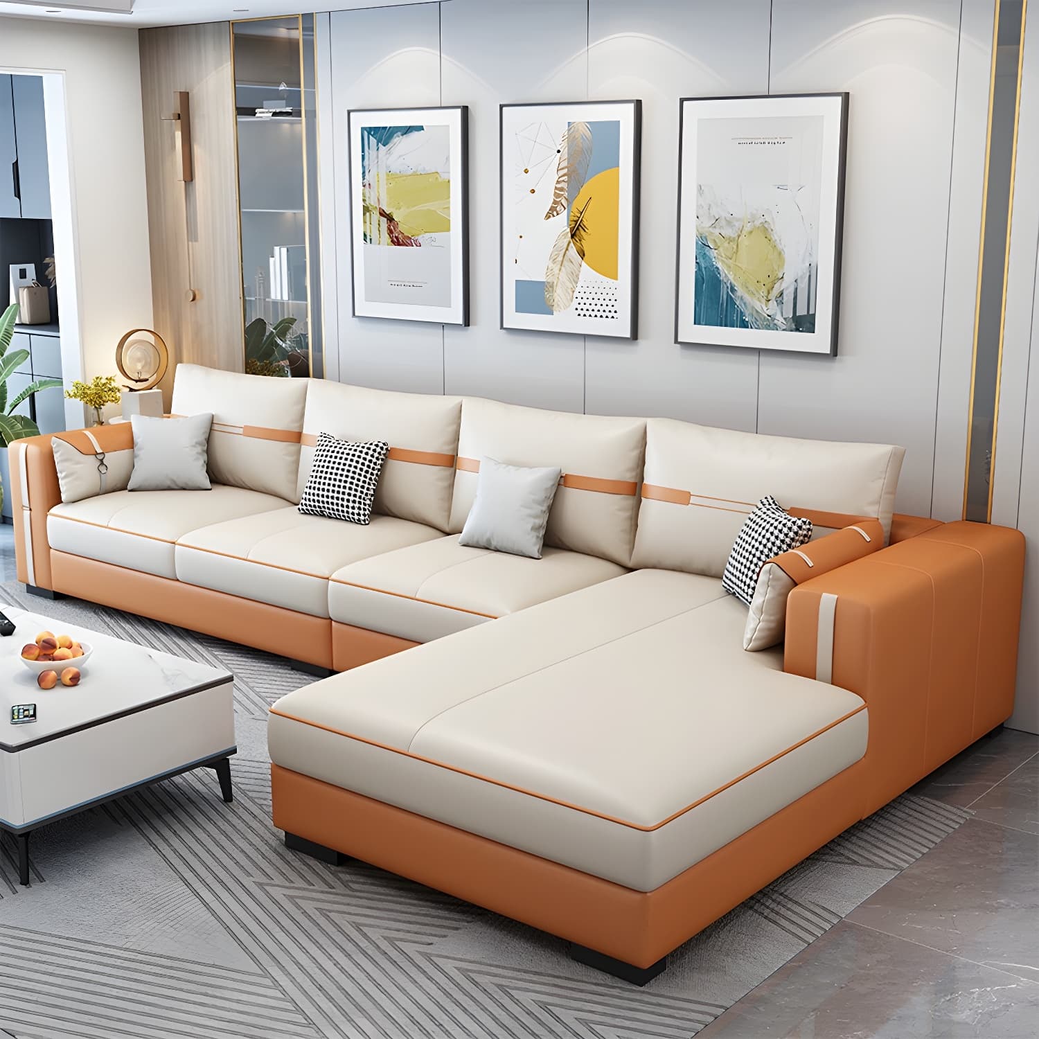 Scandinavian Wood Frame Beige Faux Leather Stationary Sectional Sofa with Cushion Back thumbnail 1