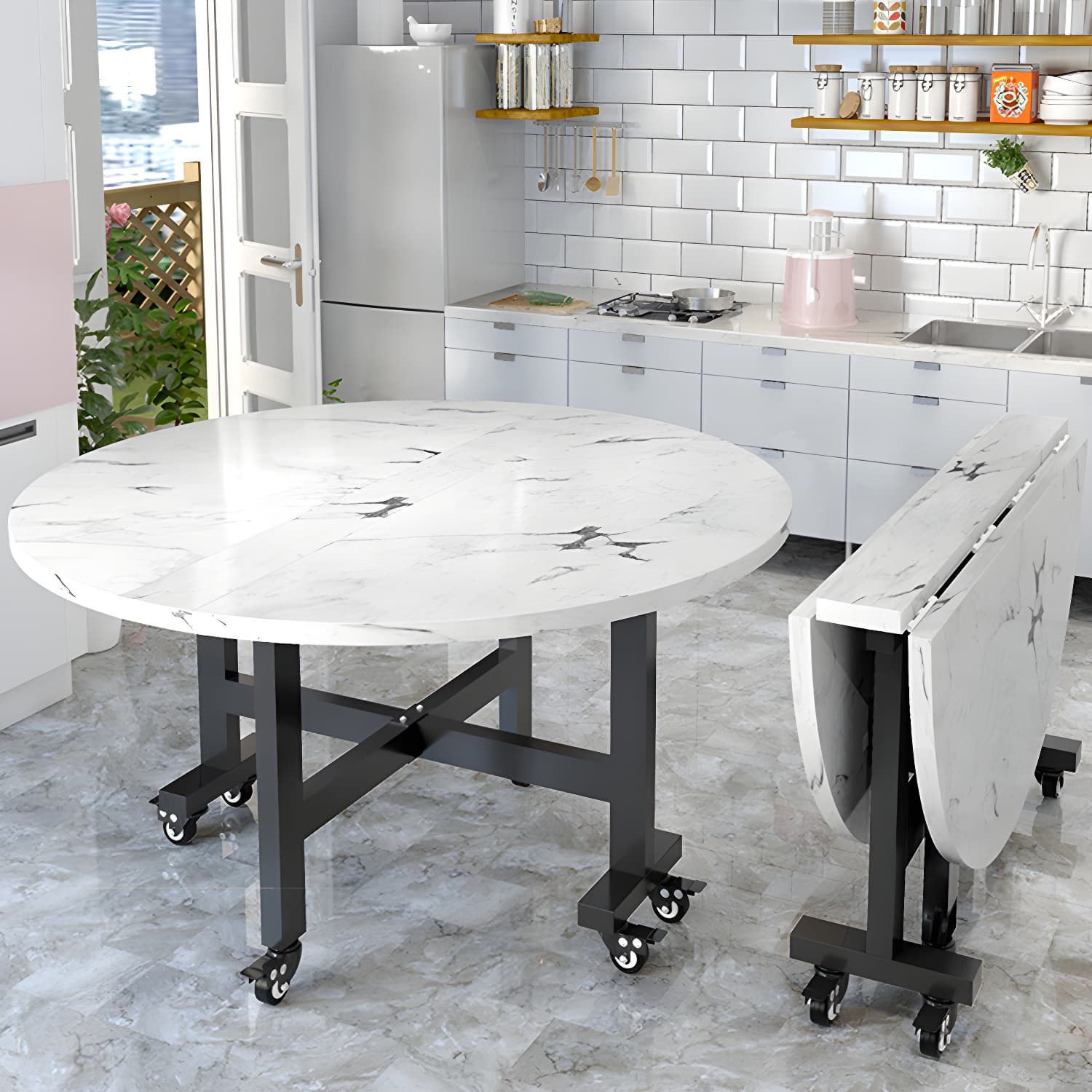 Mid-Century Round Shape Table MDF Folding Standard Dining Table for Kitchen thumbnail 3