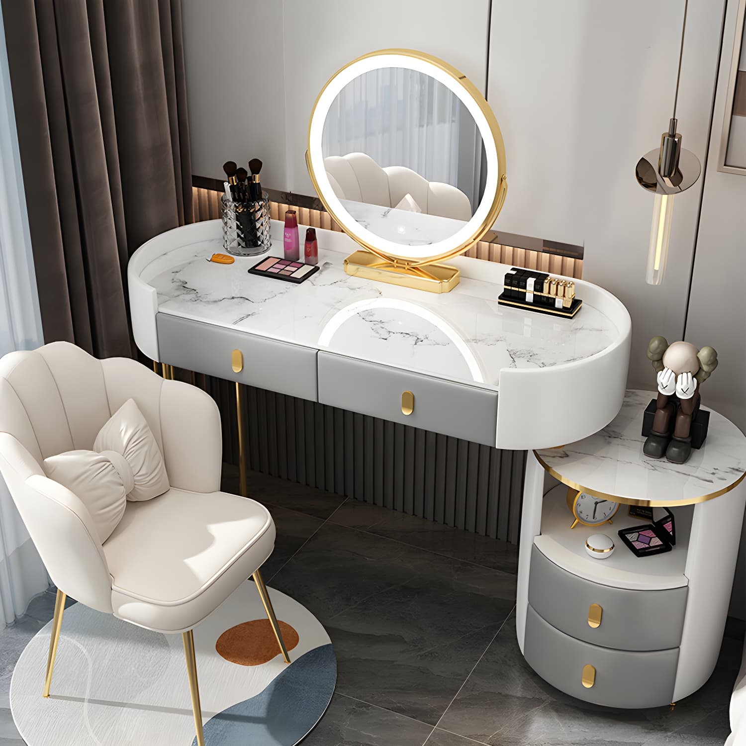 Wooden Makeup Vanity Desk Lighted Mirror Vanity Dressing Table Set with Drawer thumbnail 9