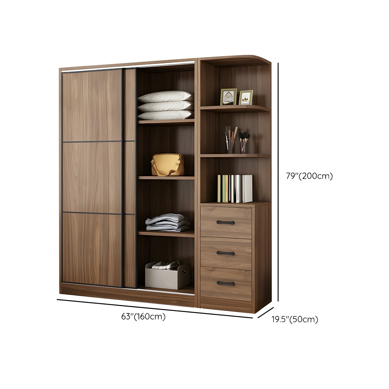 Non-Adjustable Traditional Brown Wood Wardrobe Armoire with Sliding Doors & Soft Close Drawers thumbnail 22
