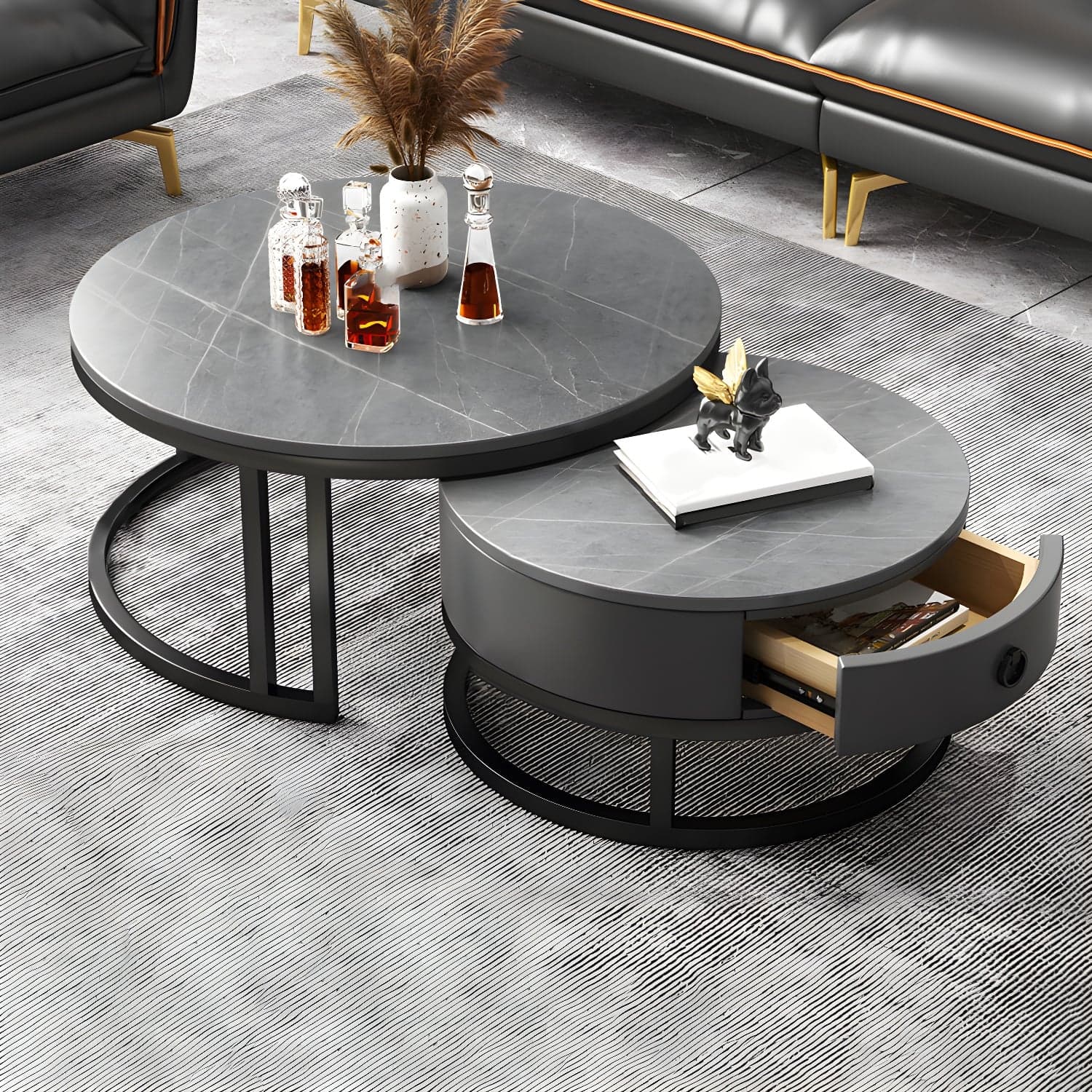 Modern Nesting Coffee Table Set Frame Round Coffee Table Set with Drawer thumbnail 4