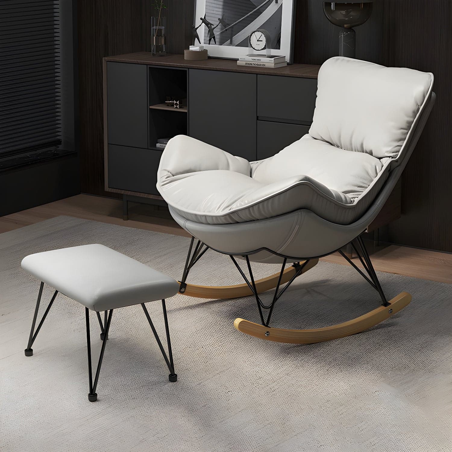Wing Back Rocking Chair Solid Wood Rocker Chair with Ottoman thumbnail 3