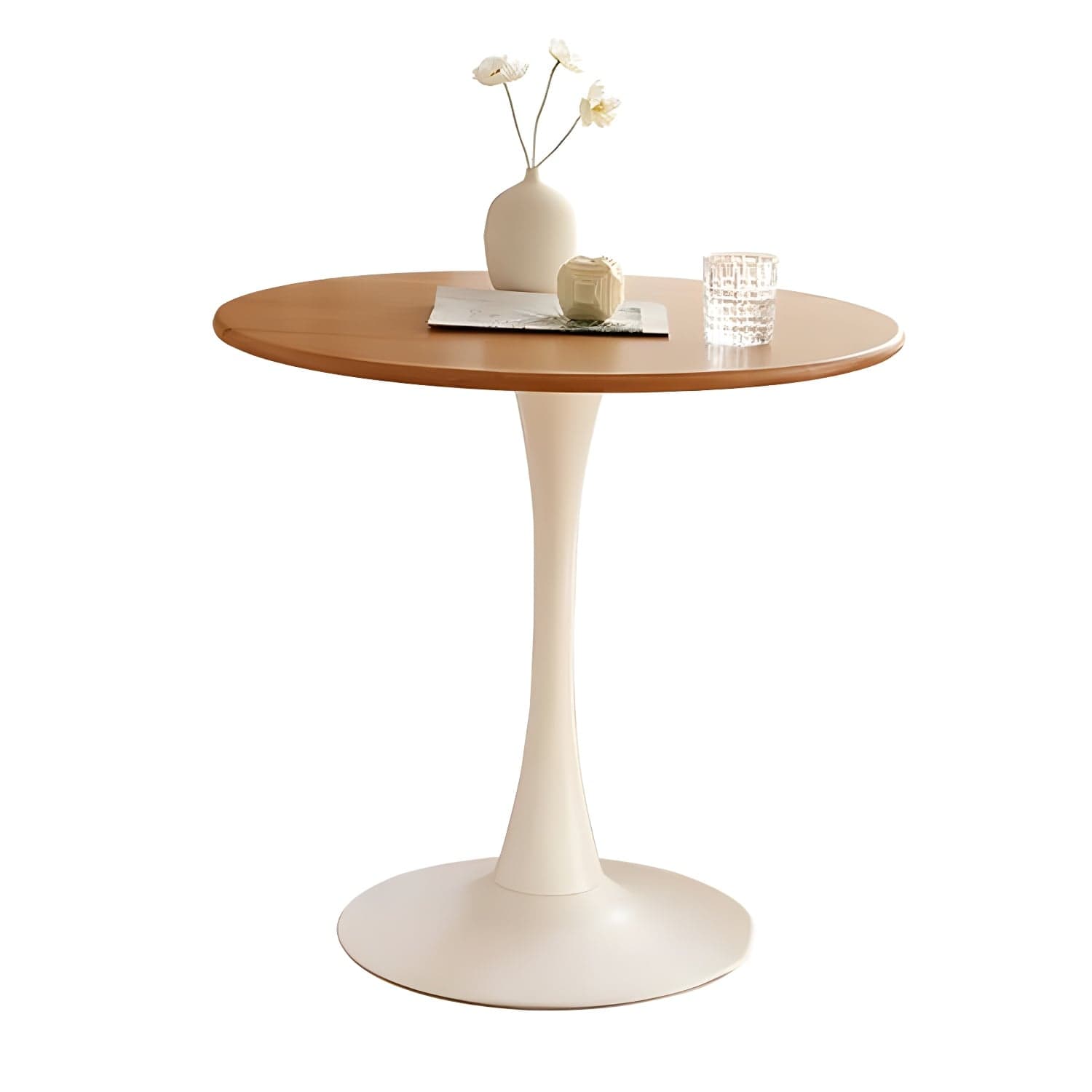 Chic Round Wood Dining Table with Medium Wood Tone and Sleek Steel Tulip Base thumbnail 1