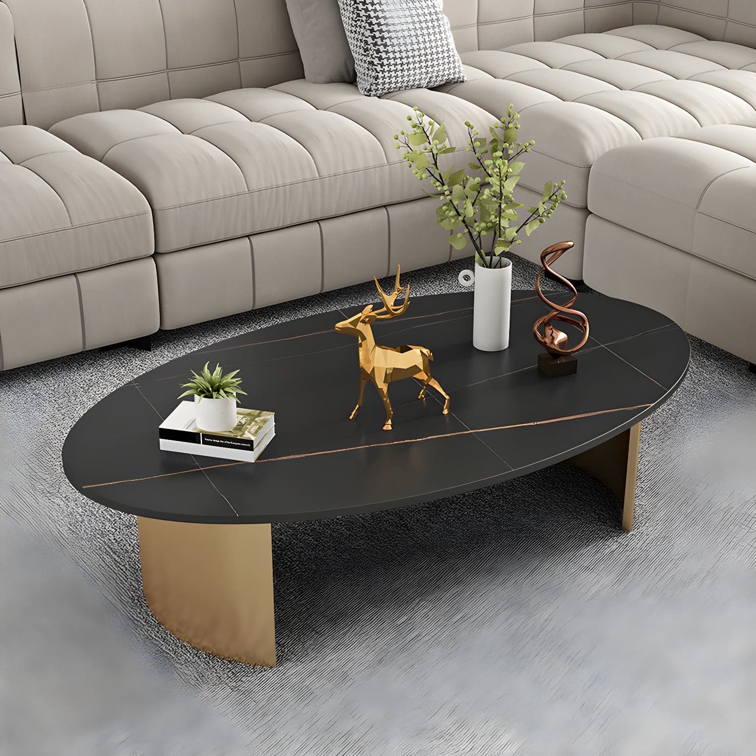 Glam Slate Coffee Cocktail Table Oval Cocktail Table for Living Room thumbnail 1