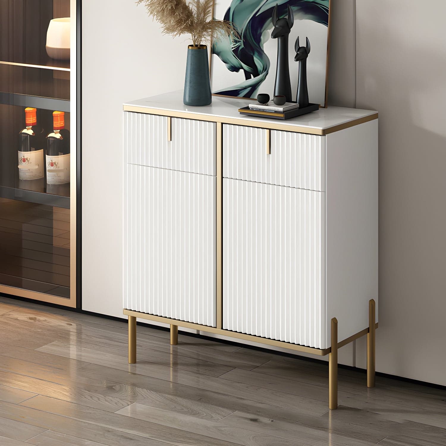 Glam Style Sideboard Stone Side Board with Drawers and Cabinets thumbnail 4