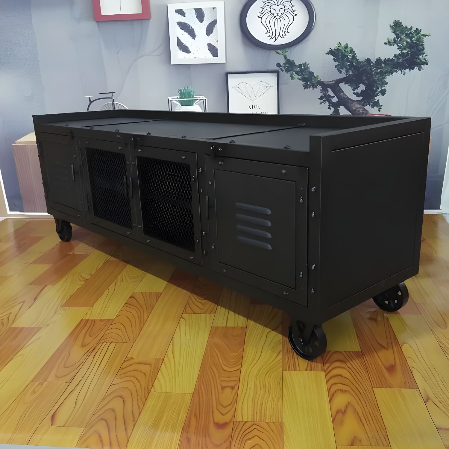 Metal Black TV Cabinet Industrial Style Home TV Stand Console with Casters thumbnail 4