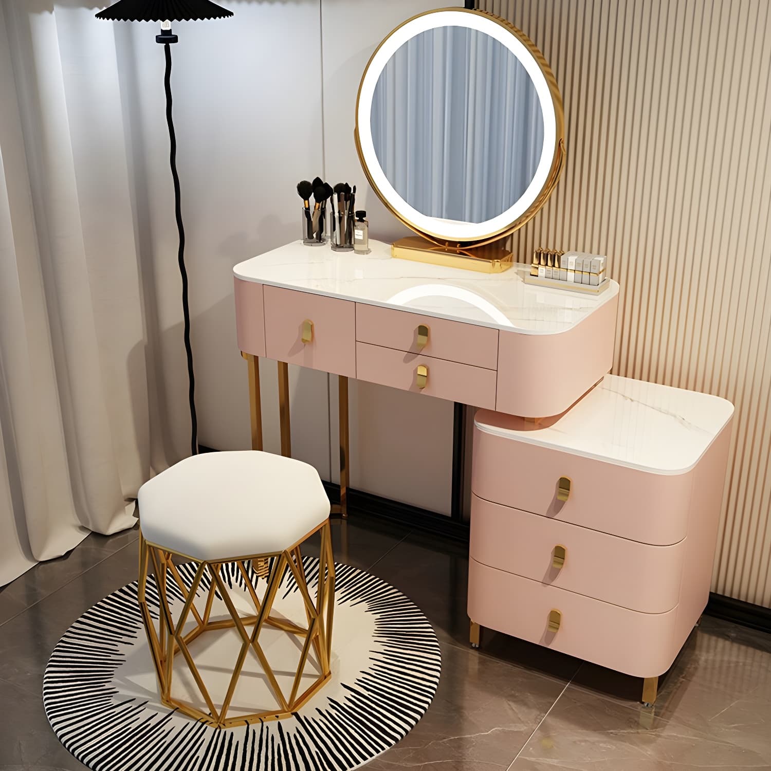 Contemporary Make-up Vanity with Stone Top and Storage Drawers thumbnail 6