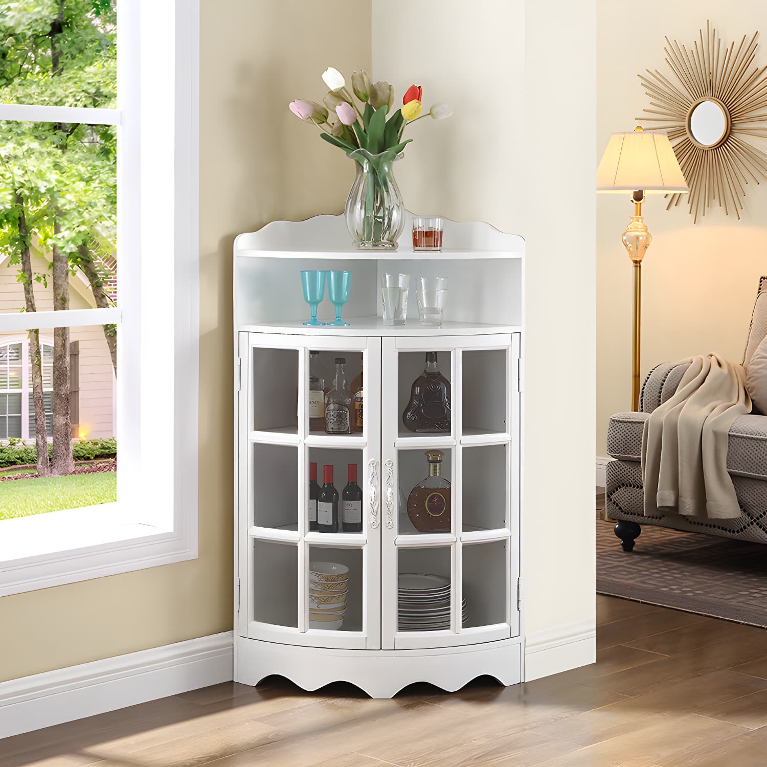 Corner Mid-Century Modern Accent Cabinet with Wood Countertop and Glass Doors thumbnail 4