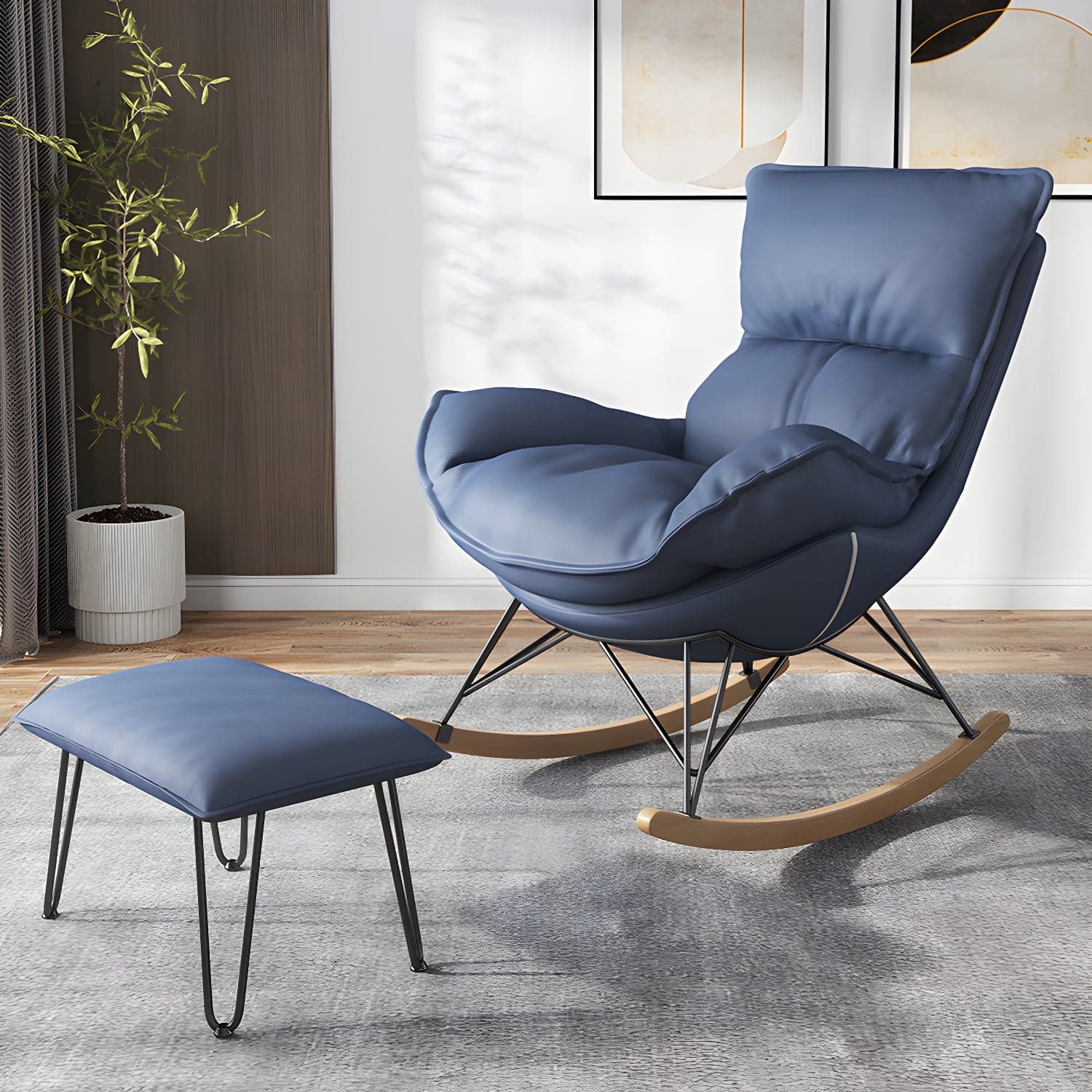 Contemporary Rocking Chair Faux Leather Water Resistant Plain Rocker Chair with Ottoman thumbnail 1