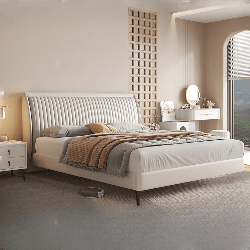 Solid Color Timber Frame Cabinet Bed/Platform Bed with Genuine Leather Headboard for Bedroom thumbnail 1