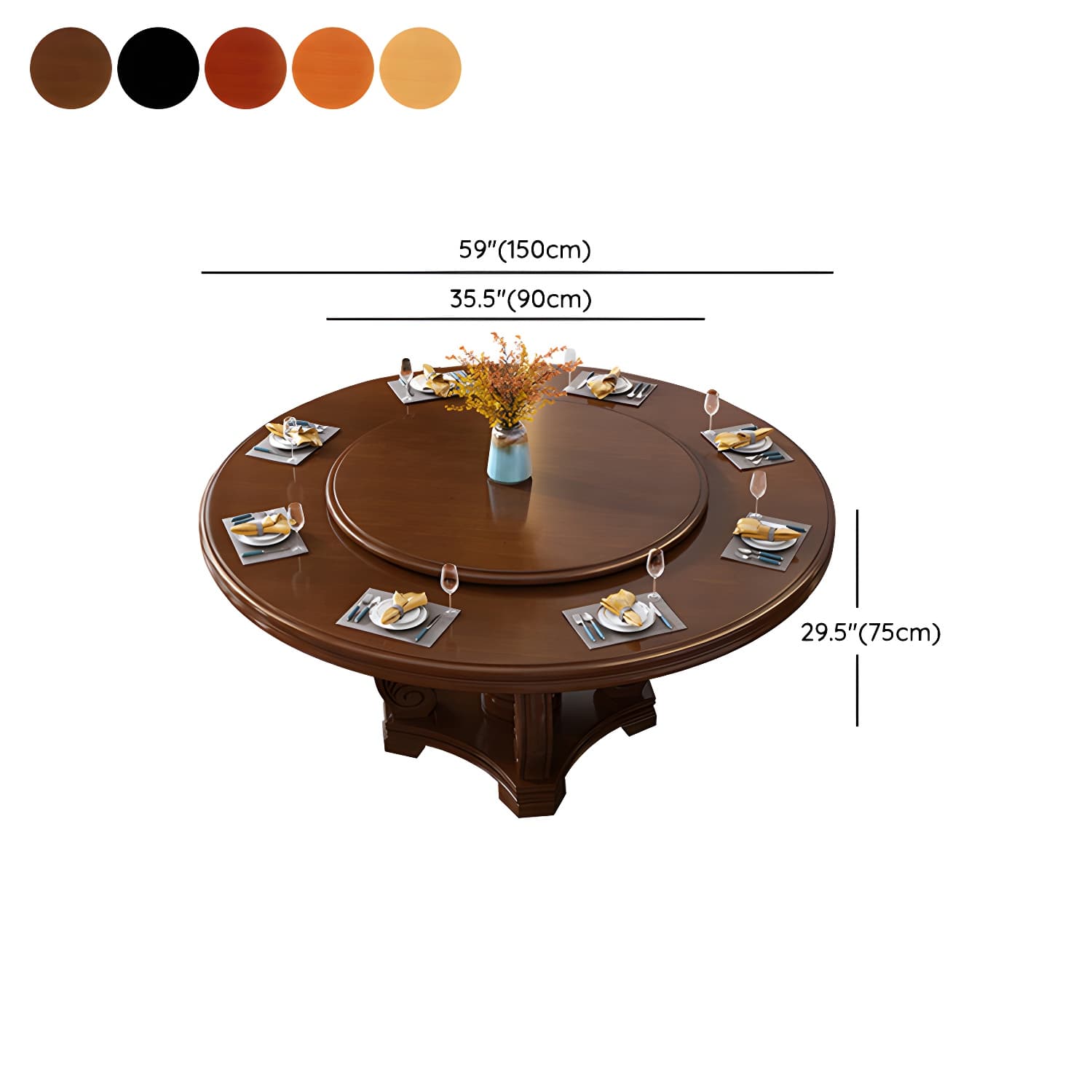 Round Solid Wood Dining Table Modern Turntable Furniture with Pedestal Base thumbnail 25