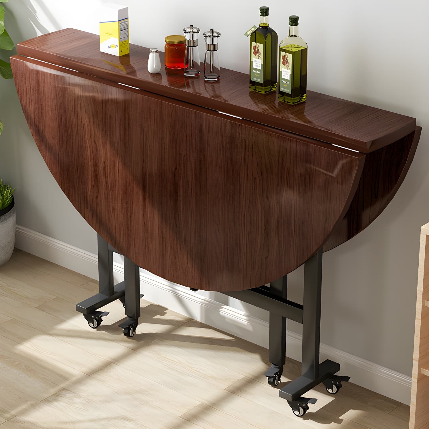 Modern Foldable Dining Table Round Wood Tabletop with Metal Legs thumbnail 5