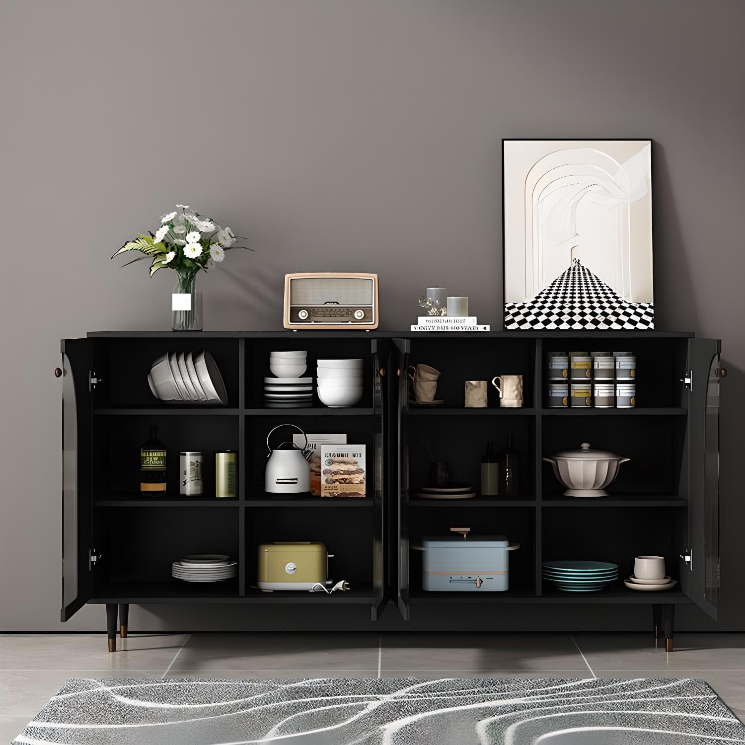 Wooden Modern Glass Door Kitchen Sideboard with Adjustable Shelving thumbnail 4