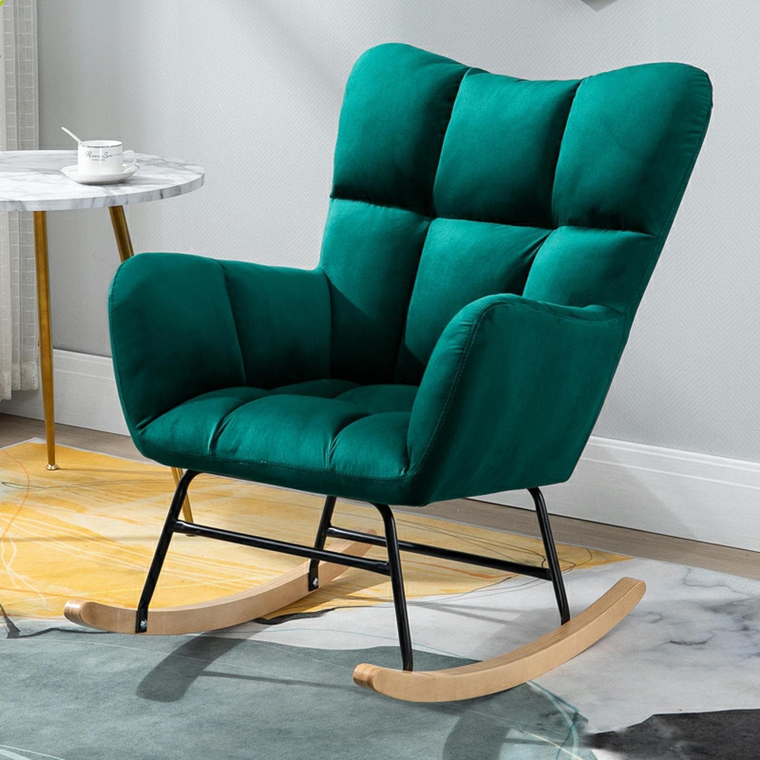Stylish Modern Upholstered Rocking Chair with Tufted Design and Wood Legs - Support Up to 398 lbs thumbnail 1