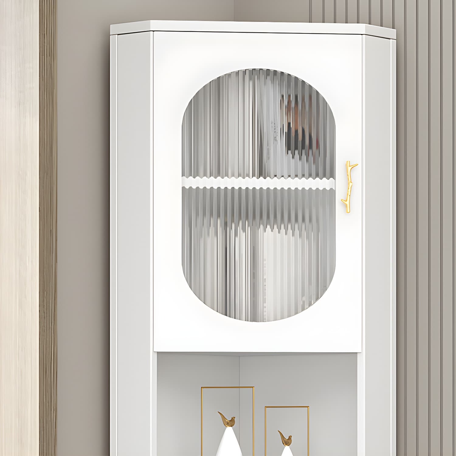 Gold Corner Modern Accent Cabinet with Glass Doors and Exterior Shelving thumbnail 7