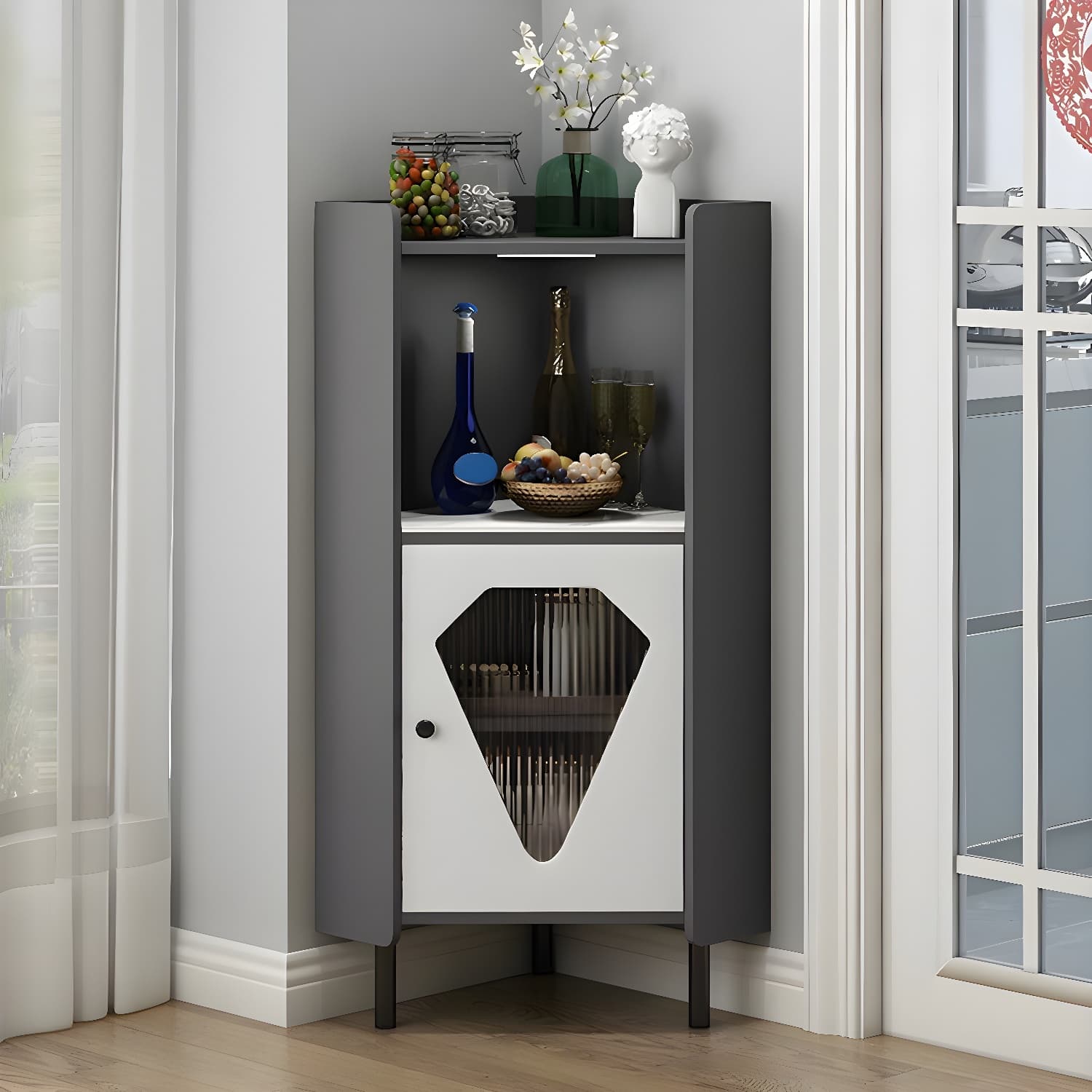 Glam Corner Accent Cabinet with Glass Doors and Wood Countertop in Small (Under 24 in.) Length thumbnail 2
