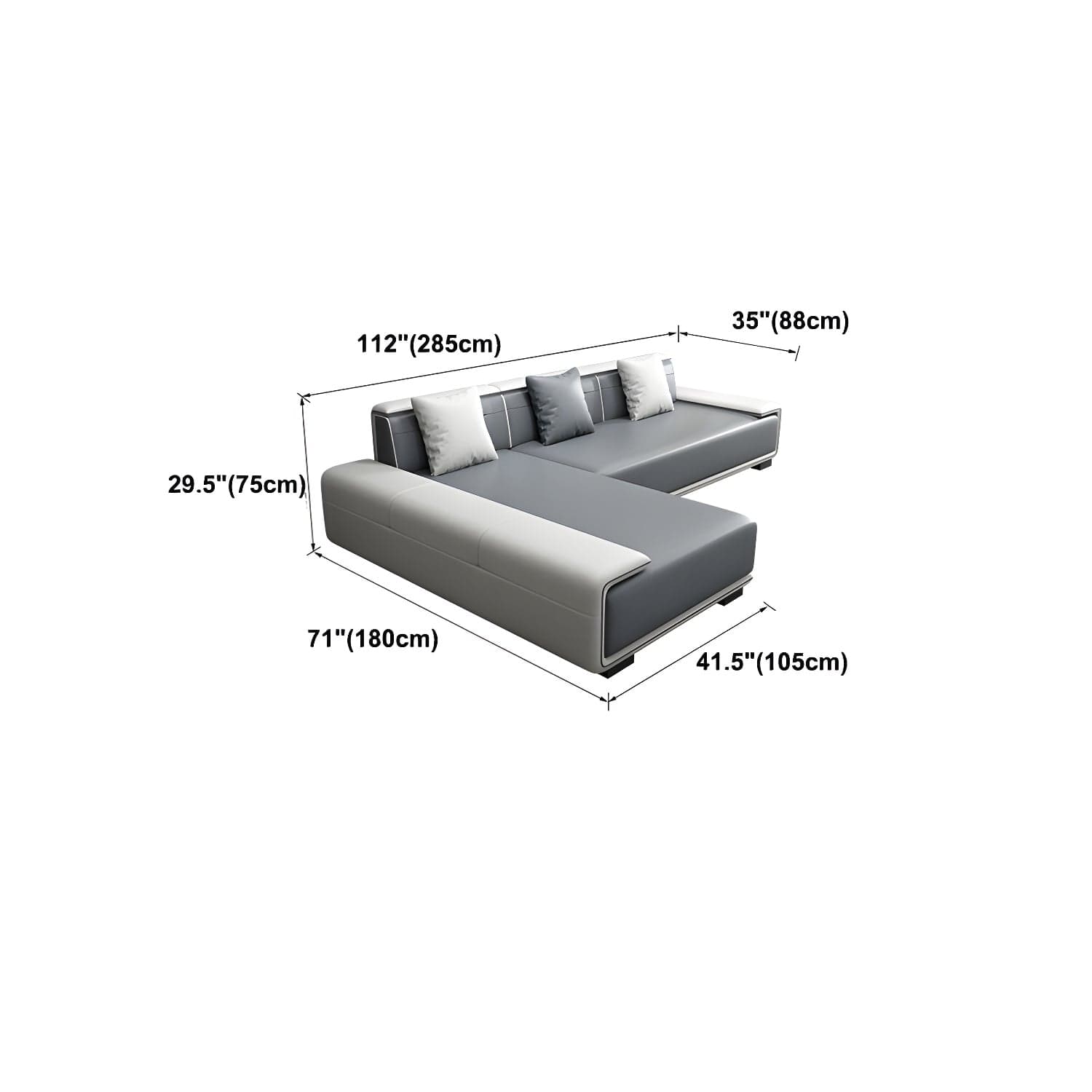 Faux Leather Sofa & Chaise with Pillows Modern U Sofa in Gray - 29.53" H thumbnail 25