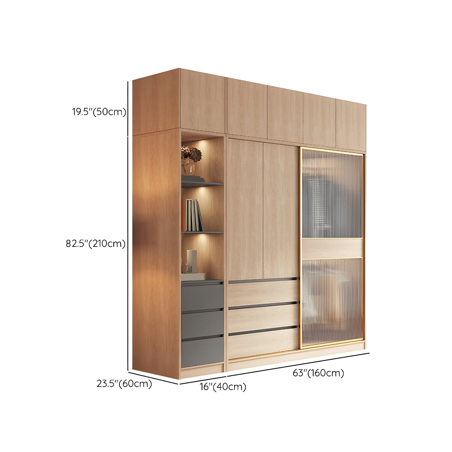 Contemporary Glass Sliding Doors Wardrobe Natural Wood Wardrobe with Drawers thumbnail 29