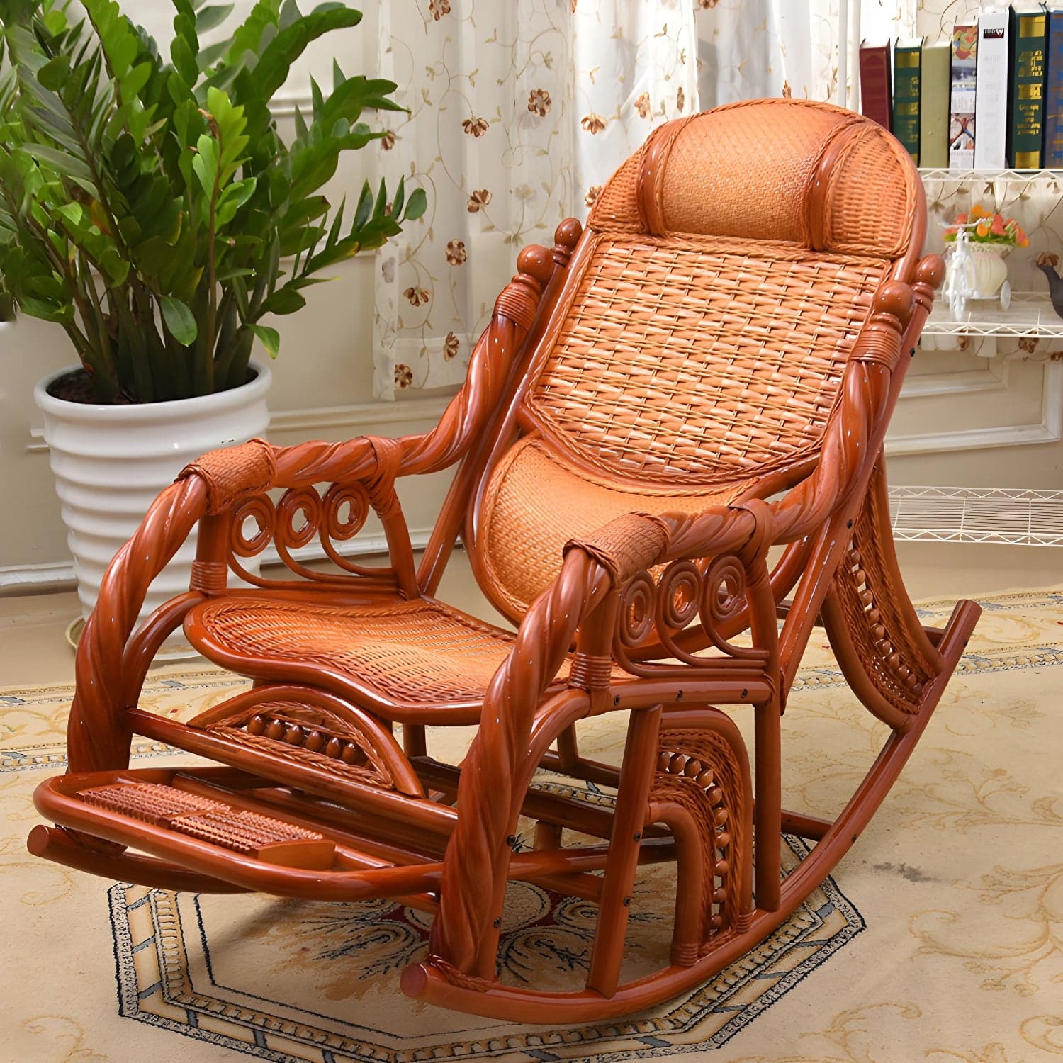 Traditional Spindle Rocking Chair Tobacco Finish with Pillow Rocker Chair Wicker thumbnail 5