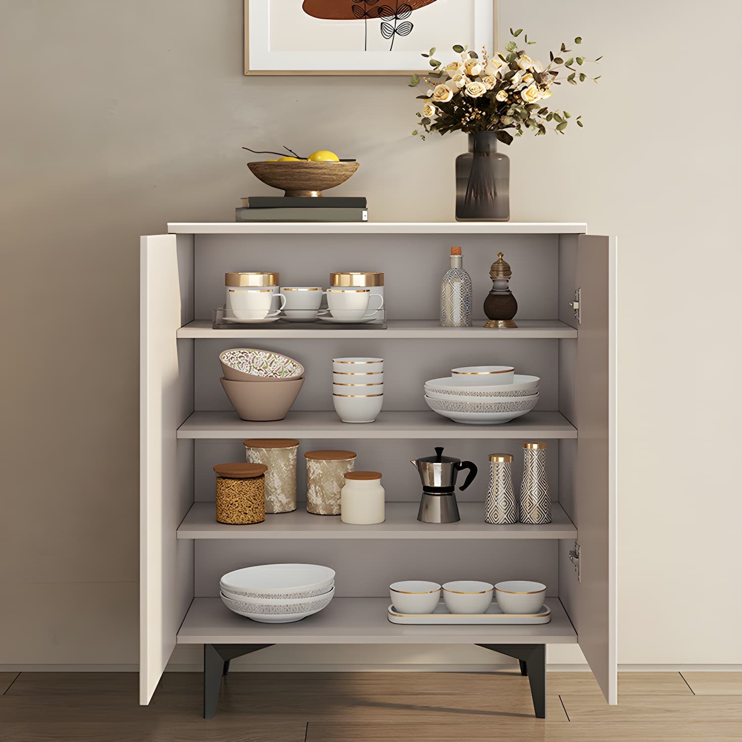 Modern White Wood Sideboard Credenza with Adjustable Shelving and 6 Interior Shelves thumbnail 12