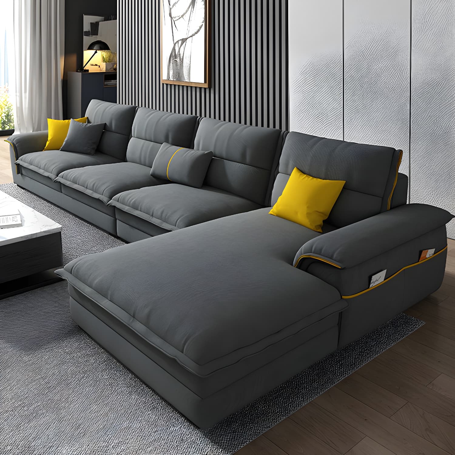 Modern Gray Cotton and Linen Sectional Sofa with Wood Frame and Storage Included thumbnail 1