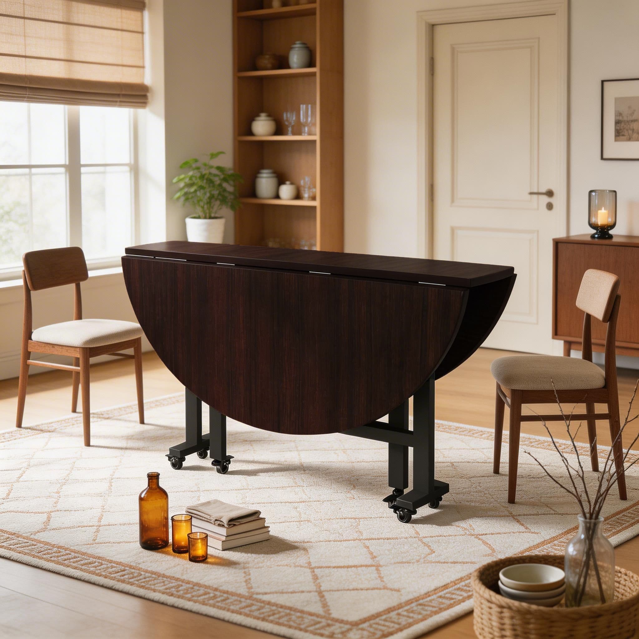 Simple Circular Weathered Wood Dining Table with MDF Top and Extendable Leaf Mechanism thumbnail 12