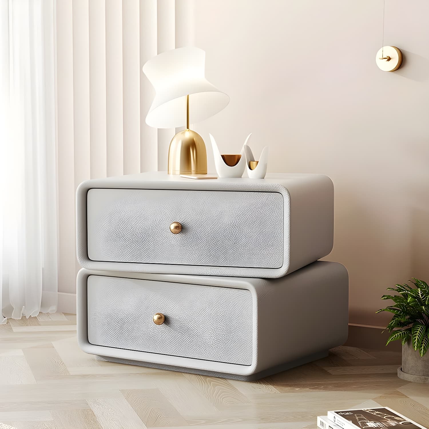 Modern Wood Nightstand with 2 Drawers - Faux Leather Countertop - Small and Stylish thumbnail 5