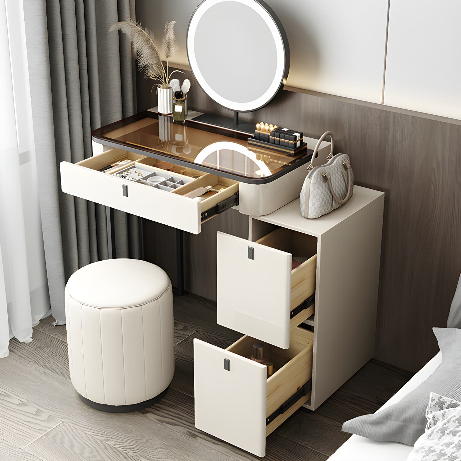 Modern Minimalist White Vanity Table Set 29.53" H Glass Top Vanity Table with Storage thumbnail 4