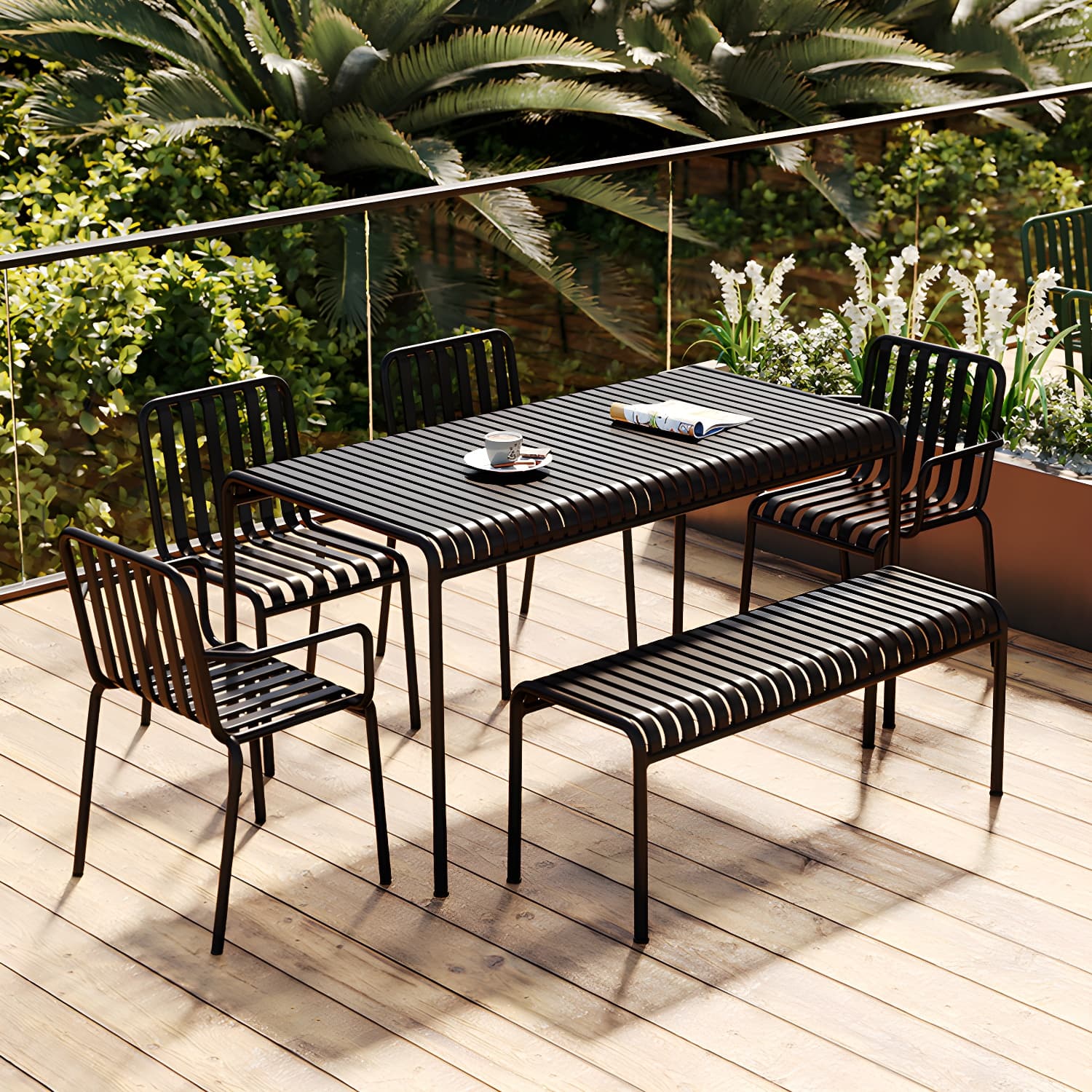 Contemporary Metal Patio Dining Side Chair Slat Back Side Chair thumbnail 11