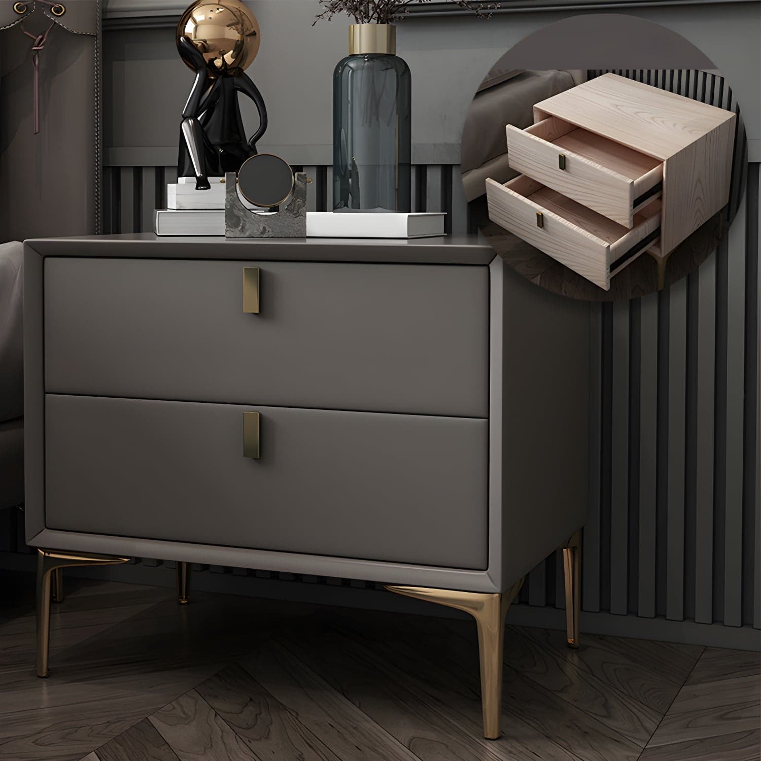 2 Drawer Solid Wood Modern Night Table Drawer Storage Bed Nightstand thumbnail 4