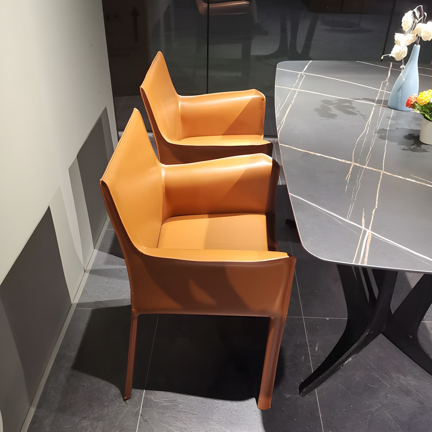 Designer Style Home Saddle Leather Arm Chair Matte Finish Solid Back Single Dining Chair thumbnail 10