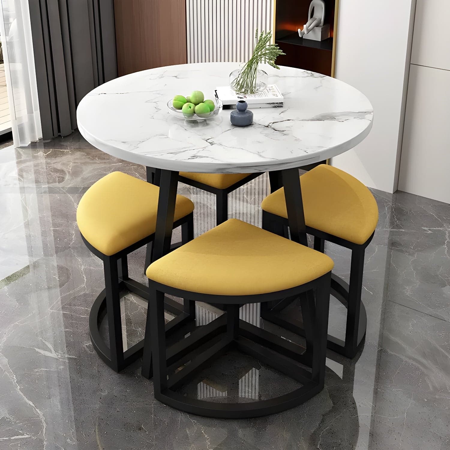 Round White Wood Tone Modern Dining Set with Metal Pedestal Base - Seats 4 thumbnail 8