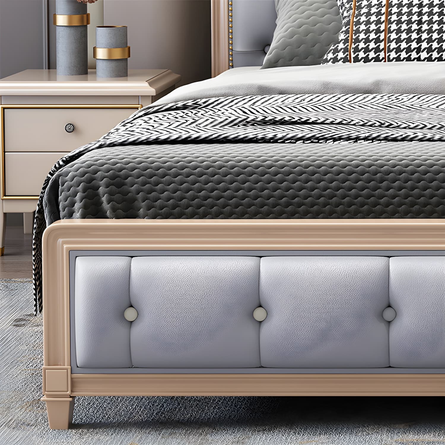 Tufted Upholstered Panel Bed with Nailhead Trim Victorian Solid Wood Bed Frame thumbnail 6