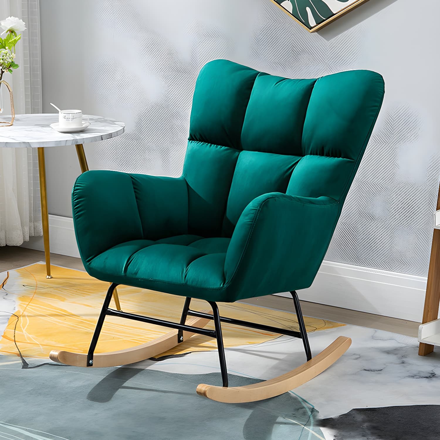 Rocking Accent Chair Upholstered Contemporary Living Room Spindle Tufted Cushions thumbnail 4