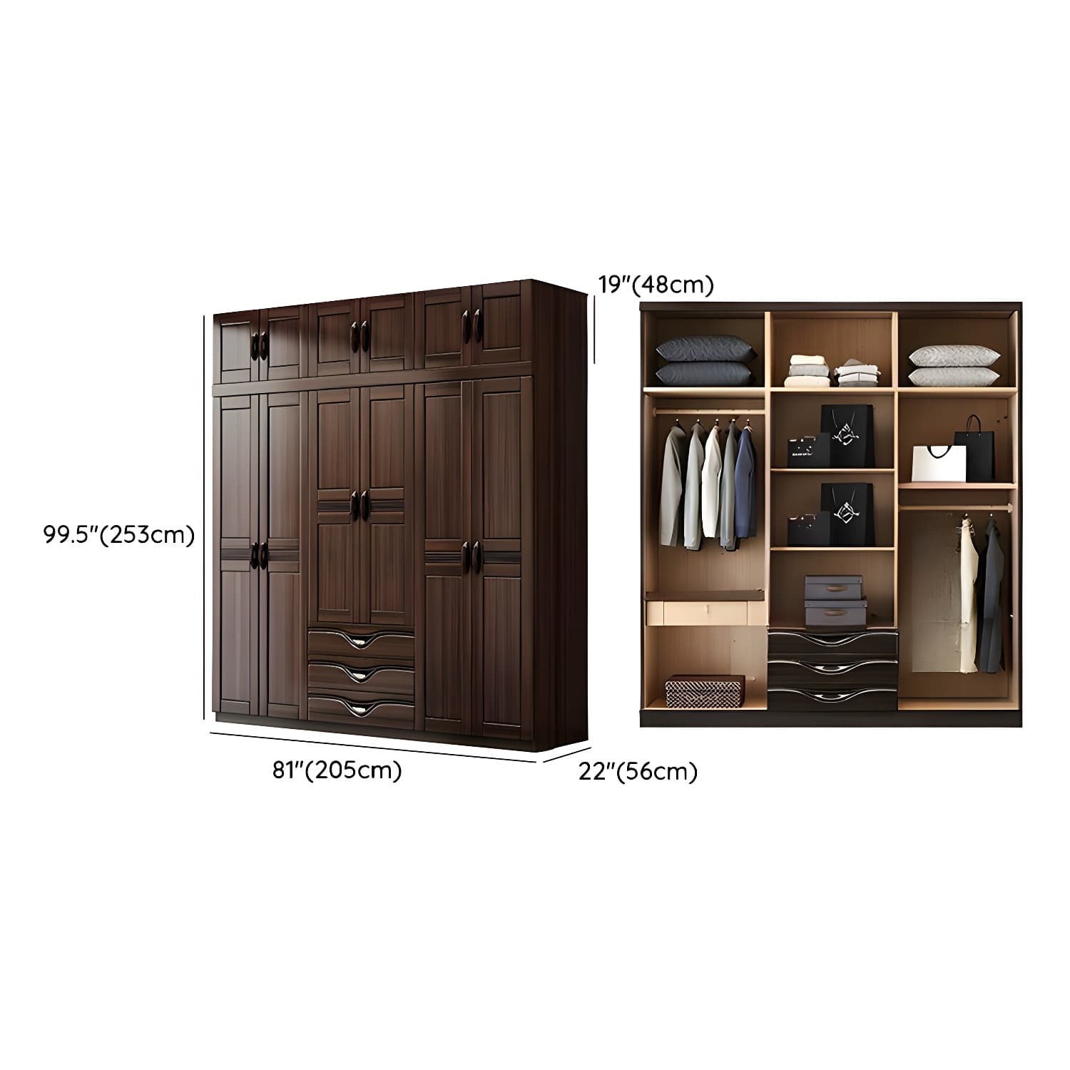 Traditional Black-brown Storage Wood Wardrobe with Clothing Rod and Shelves thumbnail 20