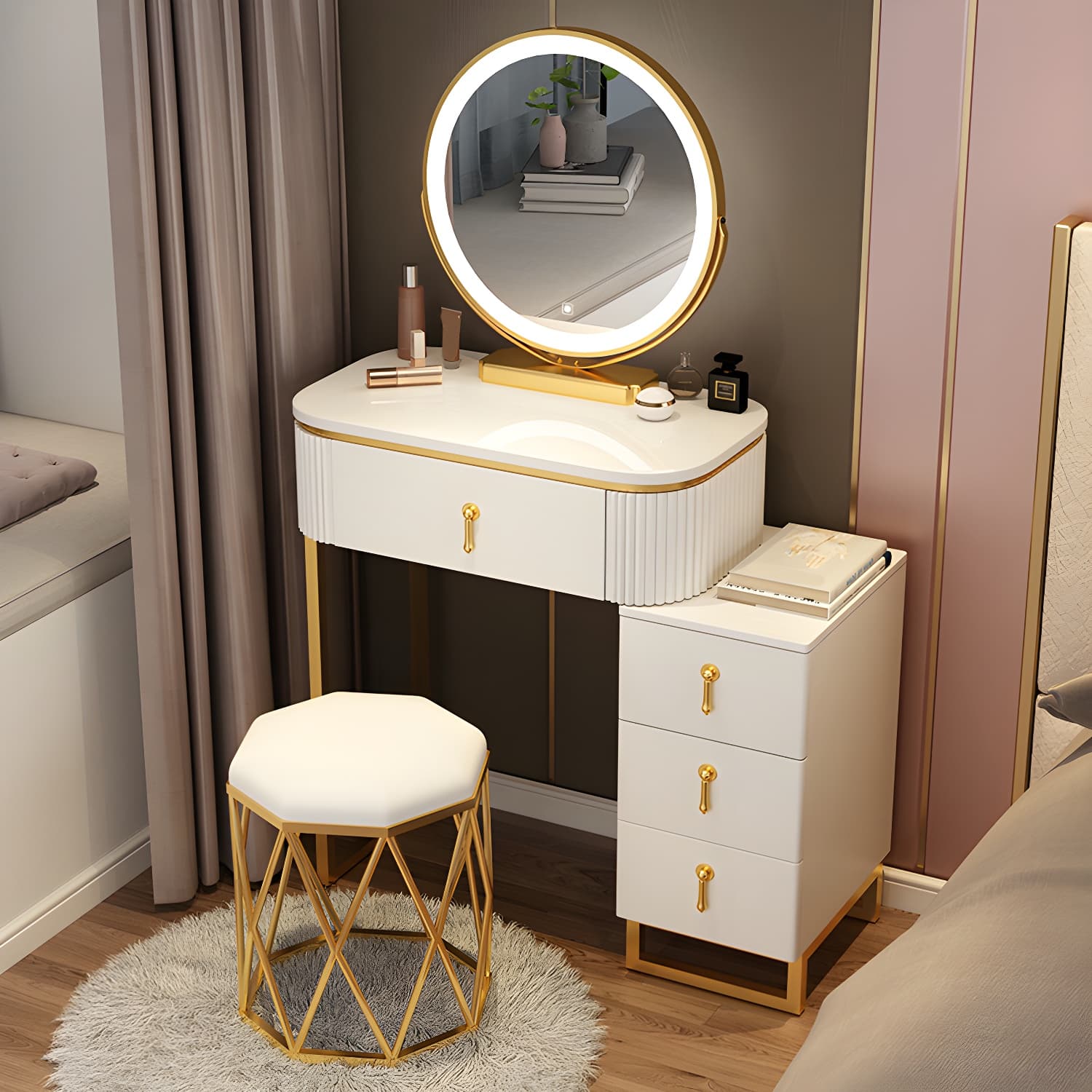 Lighted Mirror Makeup Vanity Desk with 4 Drawers Glam Makeup Vanity Set thumbnail 8