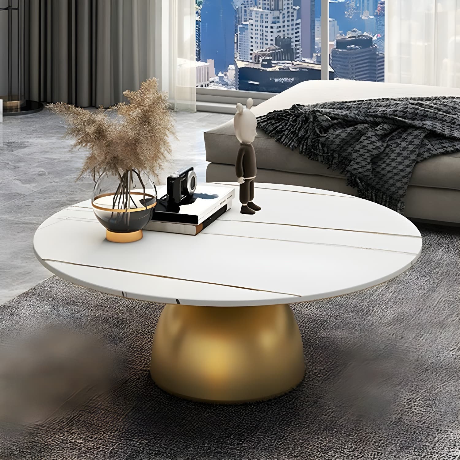 Round Stone Glam Coffee Table with Pedestal Iron Base and Built-in Storage thumbnail 15