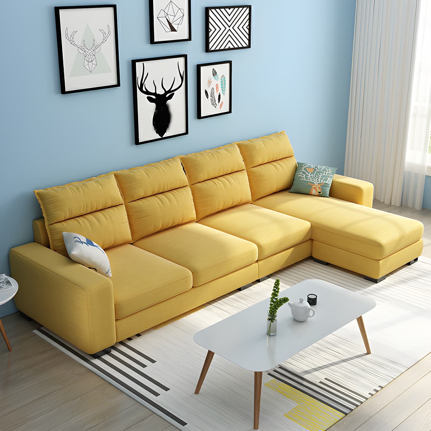 Scandinavian Wood Frame L-Shaped Modular Sofa Chaise in 2 Piece Set with Black Legs thumbnail 8