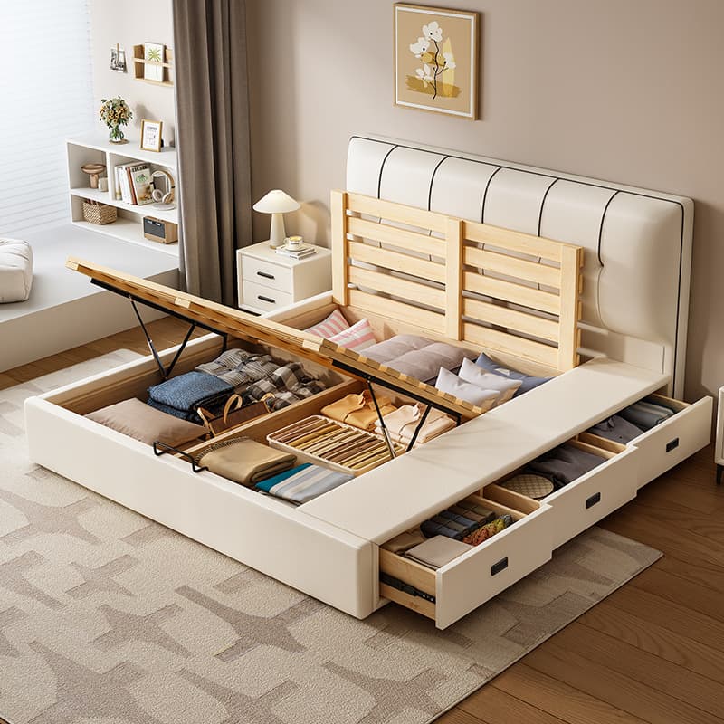 Cream Solid Color Storage Included Bed with 3 Storage Boxes for Bedroom thumbnail 2
