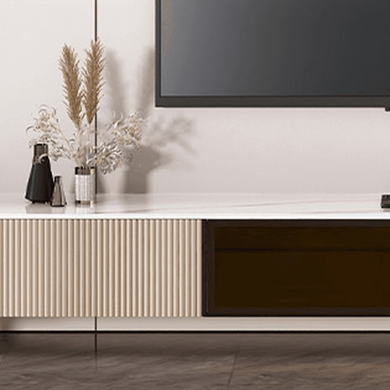 Art Deco Sintered Stone Rectangular TV Stand with 2 Drawers, Hutch, Cable Management, and Light thumbnail 7