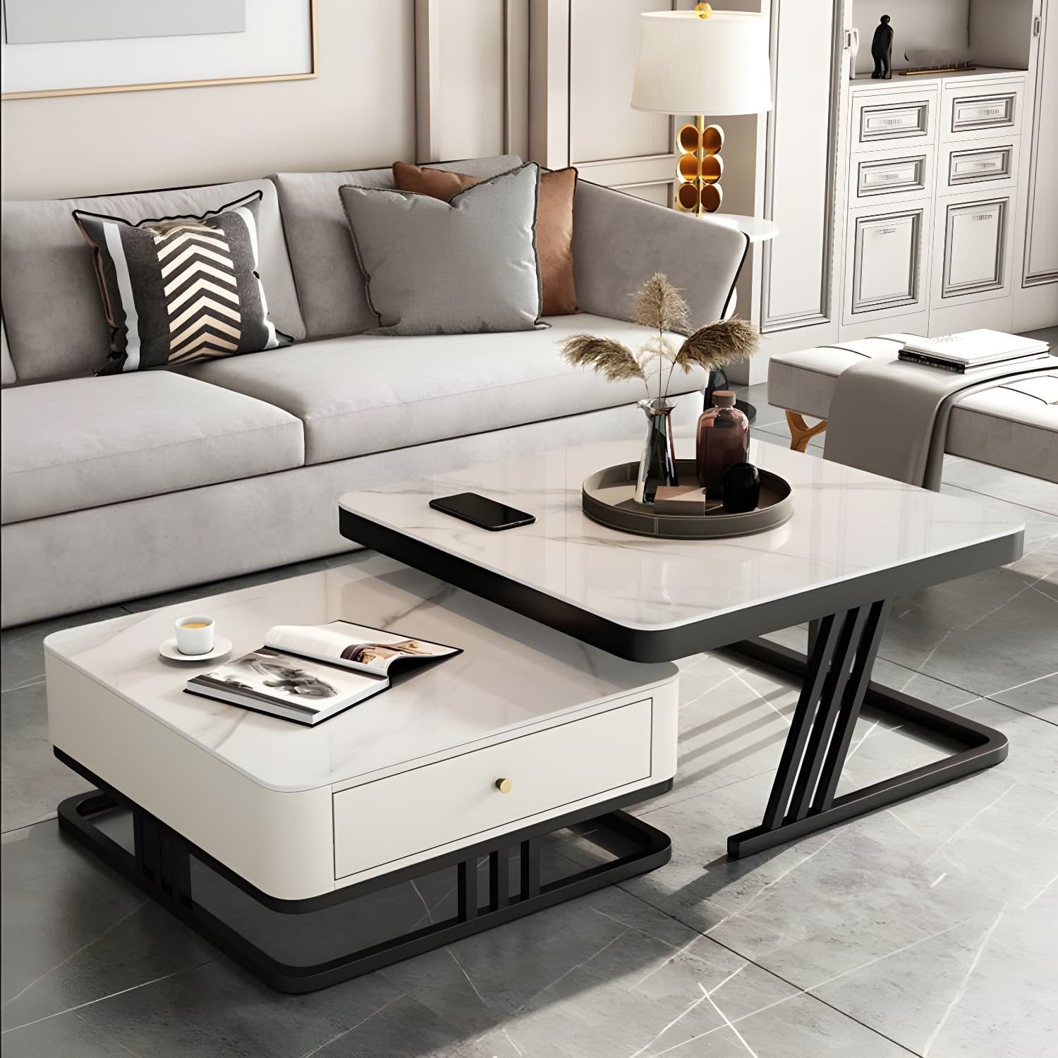 Modern Round Glass / Slate Cocktail Table Steel Frame Coffee Table with Drawer thumbnail 10