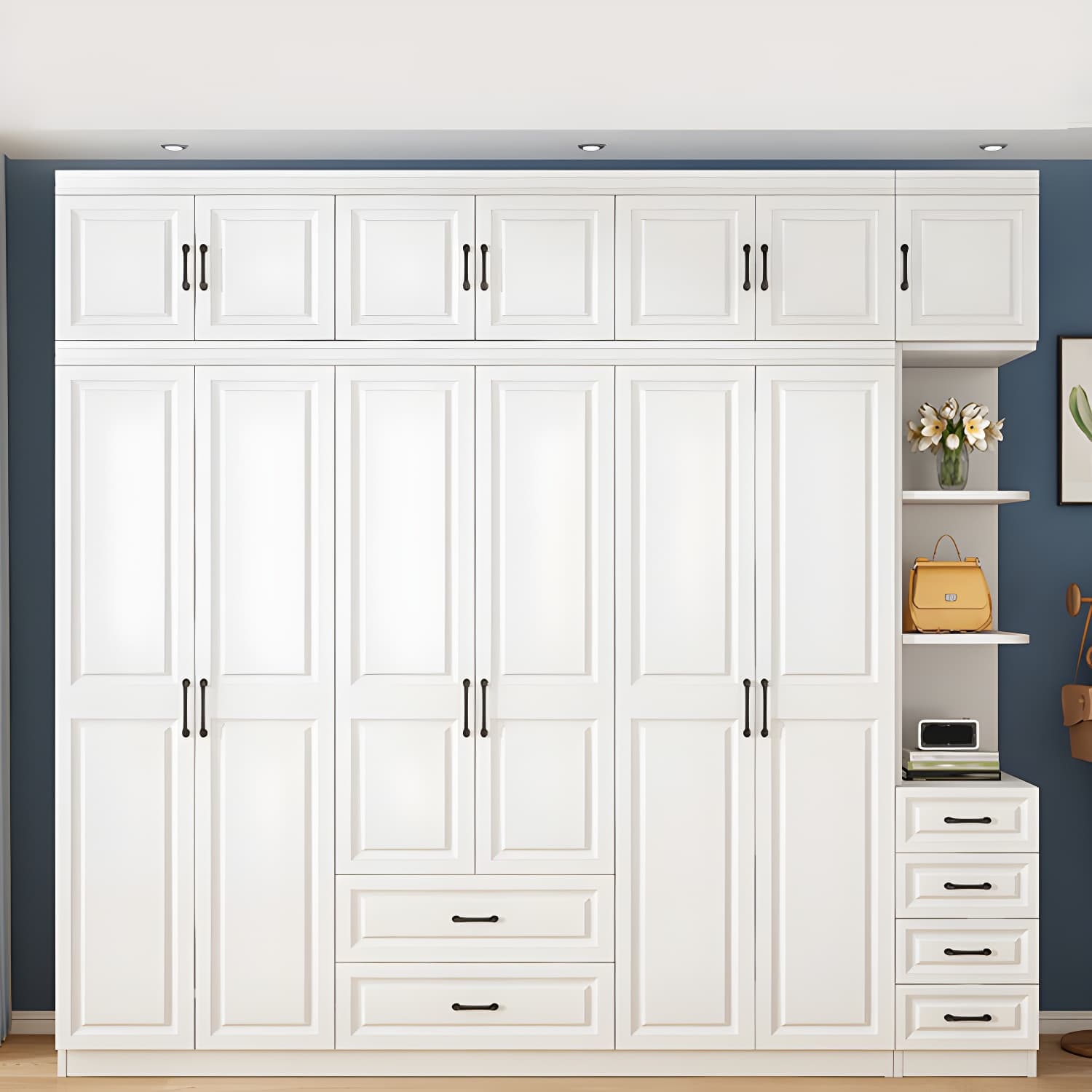 Modern White Wood Wardrobe Armoire with Soft-Close Drawers and Clothing Rod thumbnail 3