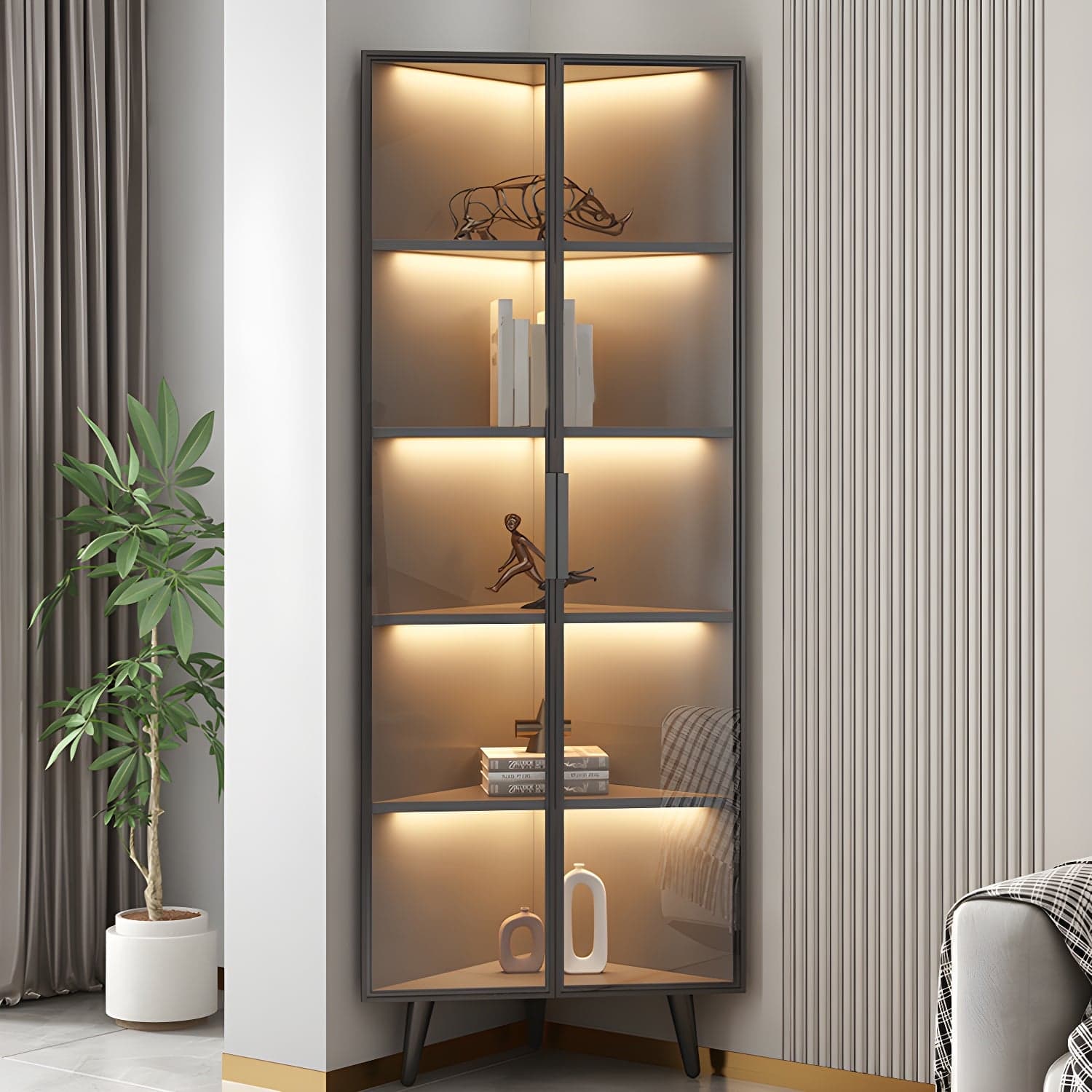 Corner Modern Accent Cabinet with Black Metal Base and Glass Doors, Black Wood Counter Top thumbnail 12