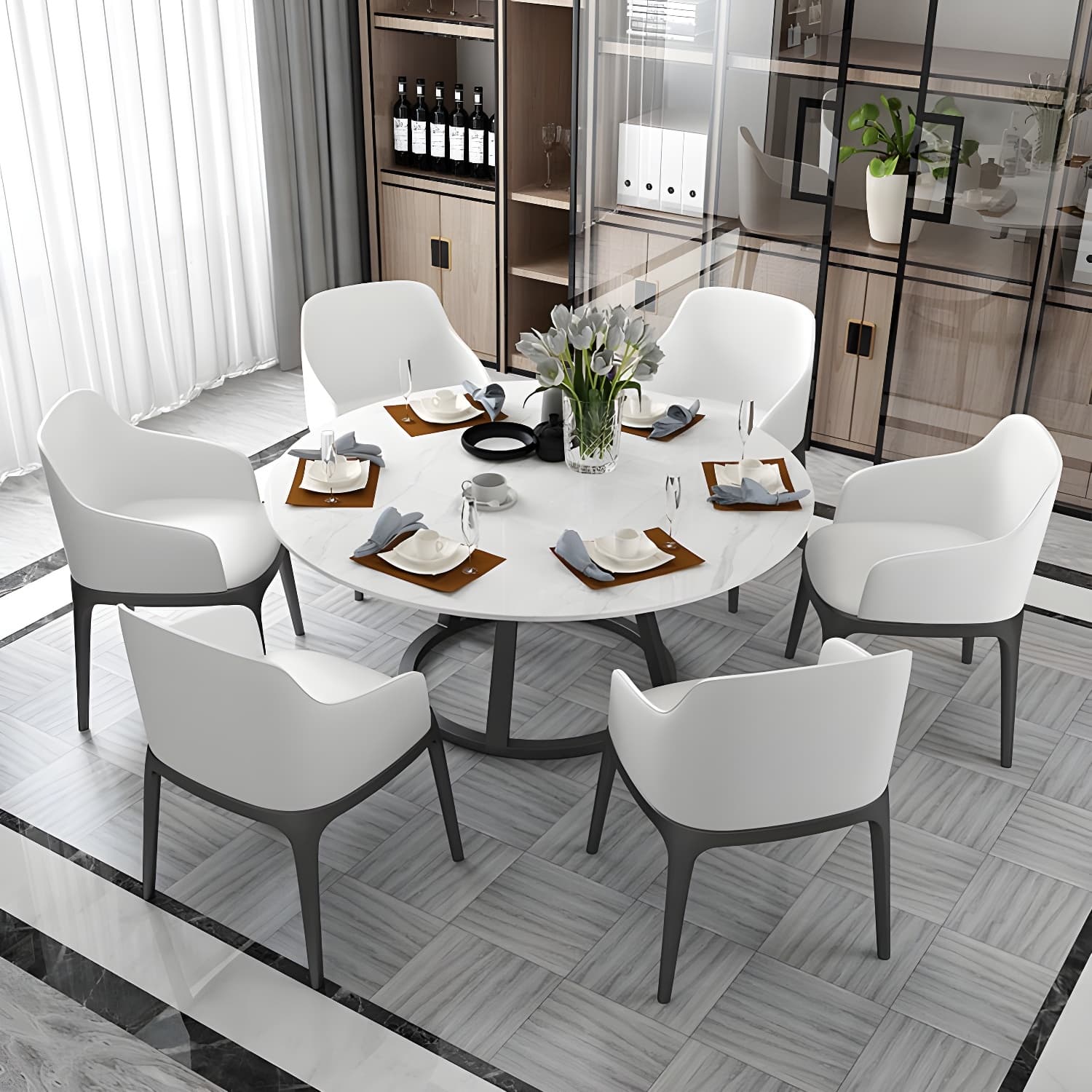 Round Marble Top Dining Table in White Traditional Luxury Dining Table thumbnail 11