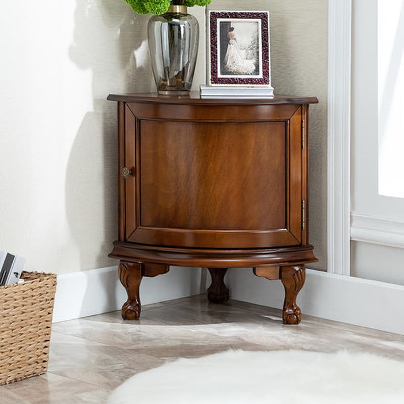 Traditional Medium Brown Corner Accent Cabinet with Wood Countertop and Exterior Shelving thumbnail 4